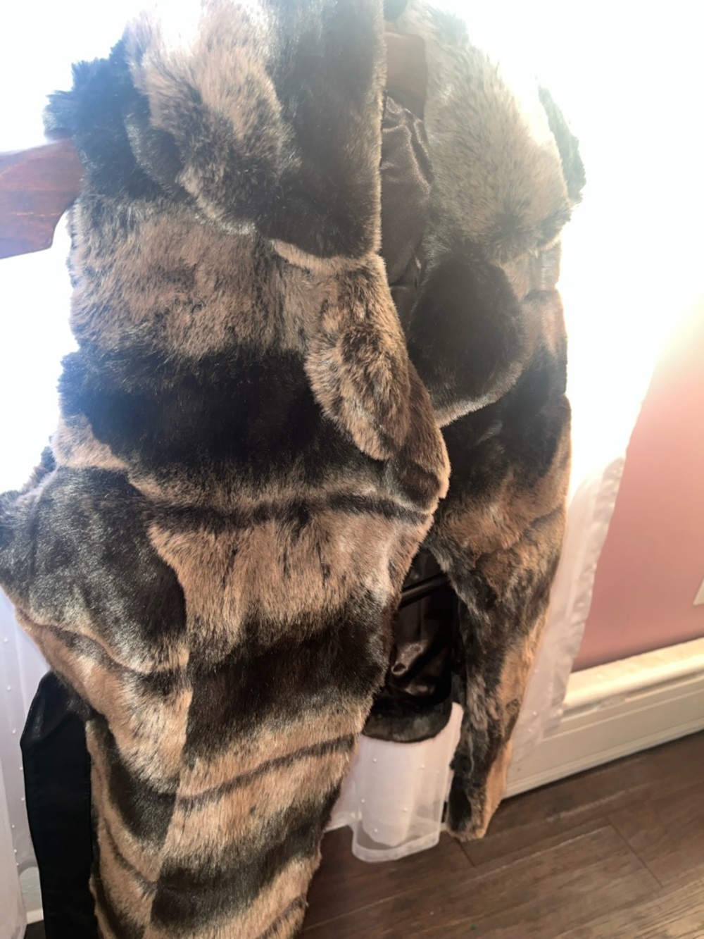 Faux Fur Hooded Vest with Belt - Brown and Black